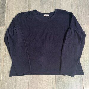 Goldie French Terry Ruffle Long Sleeve Raw Hem Top Navy Blue Size Medium